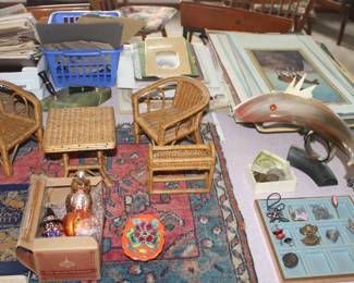 Paul Frankl style salesman sample rattan furniture, oriental table rug and a horn shark