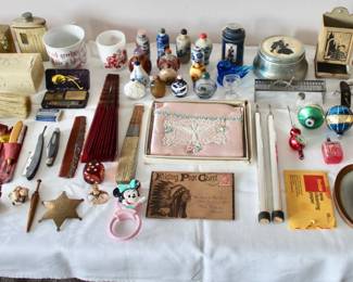Bakelite Fuller brushs, vintage fishing lures, vintage sewing tools, Chinese snuff bottles and vintage razors