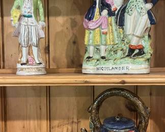 Vintage Victorian figurines and Majolica tea pot