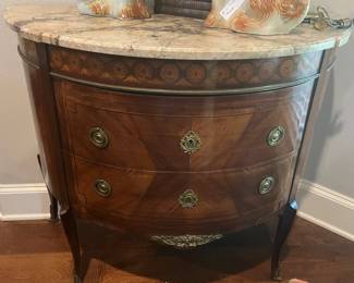 Fruitwood, walnut and satinwood parquetry demilune table; Louis XV/XVI traditional style