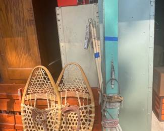 Vintage wood skis, snowshoes