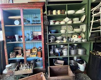 3 large green country store shelves Large assortment of enamel ware items