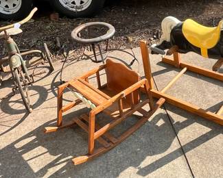 Vintage children's rockers, walkers, hobby horse, trike