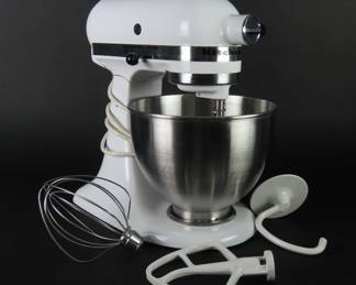 White Kitchen Aid Stand Mixer Model K45SS with Attachments