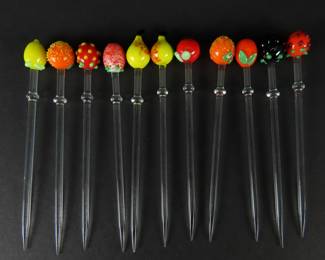 Lot of 11 Vintage Art Glass Cocktail Picks