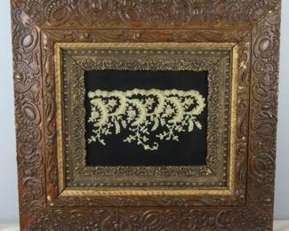 Framed Lace in Antique Carved Wooden Frame
