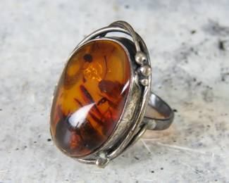 .925 Serling Silver Ring with Amber Setting - Size 8.5