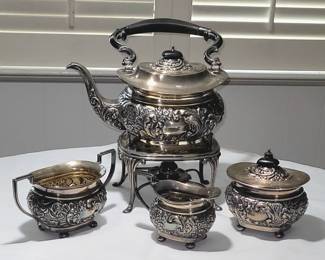 ABSOLUTELY GORGEOUS EDWARDIAN STERLING SILVER TEA SET. 