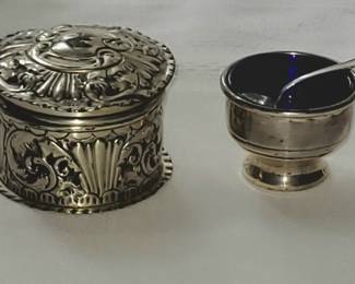 STERLING SILVER REPOUSSE LIDDED BOX & STERLING SILVER SALT CELLAR & SPOON
