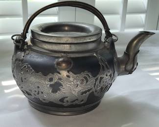 ANTIQUE CHINESE YIXING BLACKWARE TEAPOT WITH PEWTER 