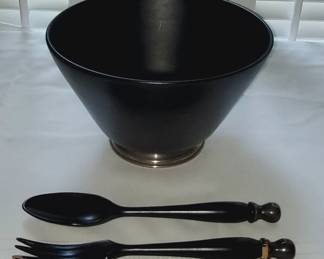 MID CENTURY WOODEN SALAD BOWL SET WITH STERLING SILVER BASE