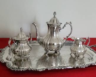 STUNNING STERLING SILVER TEA SET BY POOLE.                 SERVING TRAY IS NOT STERLING "ASCOT SHEFFIELD DESIGN" COMMUNITY.