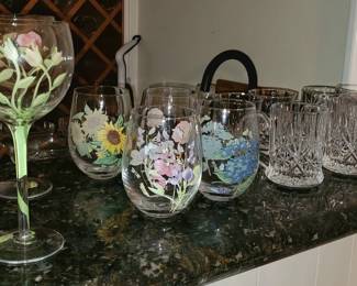 "BLOCK" VINTAGE ROSE HAND PAINTED STEMWARE, "PORTMEIRION" WINE GLASSES and CRYSTAL DOUBLE OLD FASHIONED GLASSES