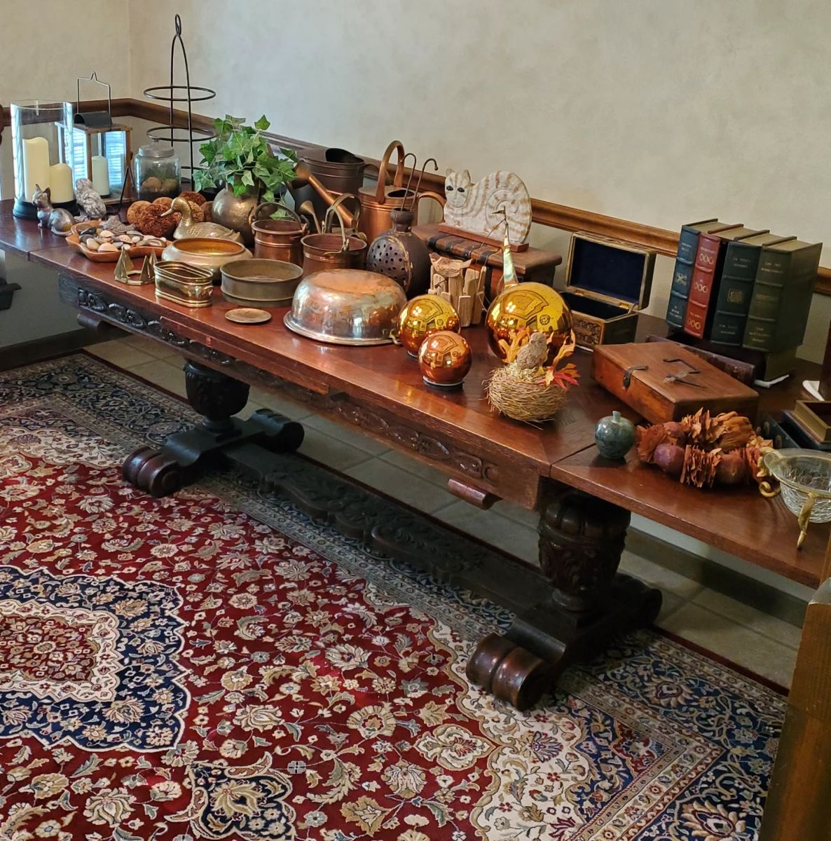 Solid wood table, 8' x 11' area rug, high end decor.