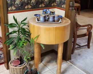John Boos chopping block table, ceramic service set.