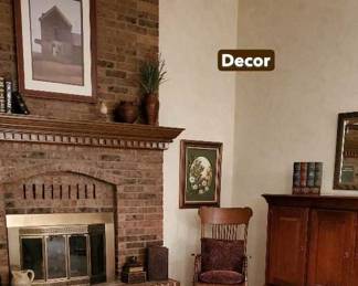 Vintage wood, roll front rocker, Ethan Allen entertainment center, decorative items, framed artwork.