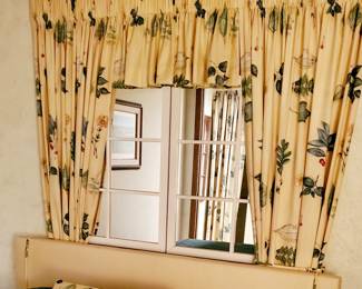 Custom queen headboard, pillow and drapery.