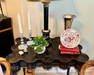 Black chinoiserie occasional table, pair of Delft candlestick holders, tall sterling silver vase
