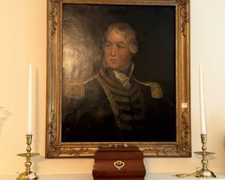 Framed oil painting, pair of Colonial brass candlestick holders