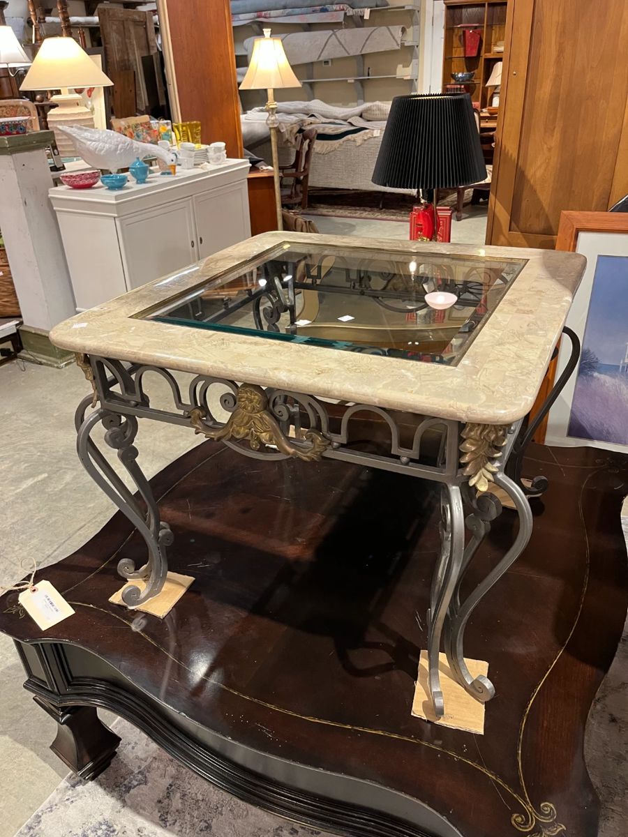 Beautiful Glass Marble End Table 28"w X 28"d X 21" T C2626. $40 You can purchase this item at the Tent sale at The Avant Garden located at 140 N 20th St in Ozark or call (417) 485-4857 to purchase over the phone.