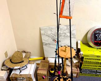 Beautiful floor tiles, fishing poles, new hat