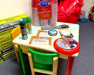 Solid wood Childs table, Christmas tree with bag, lots of tiles and flooring