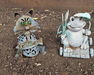 (2) Whimsical Garden Sculptures: Cat & Frog