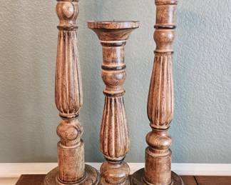 Trio of Wooden Stair Step Pillar Candle Holders