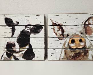 (2) Reclaimed Wood Art w/ Cow & Pig