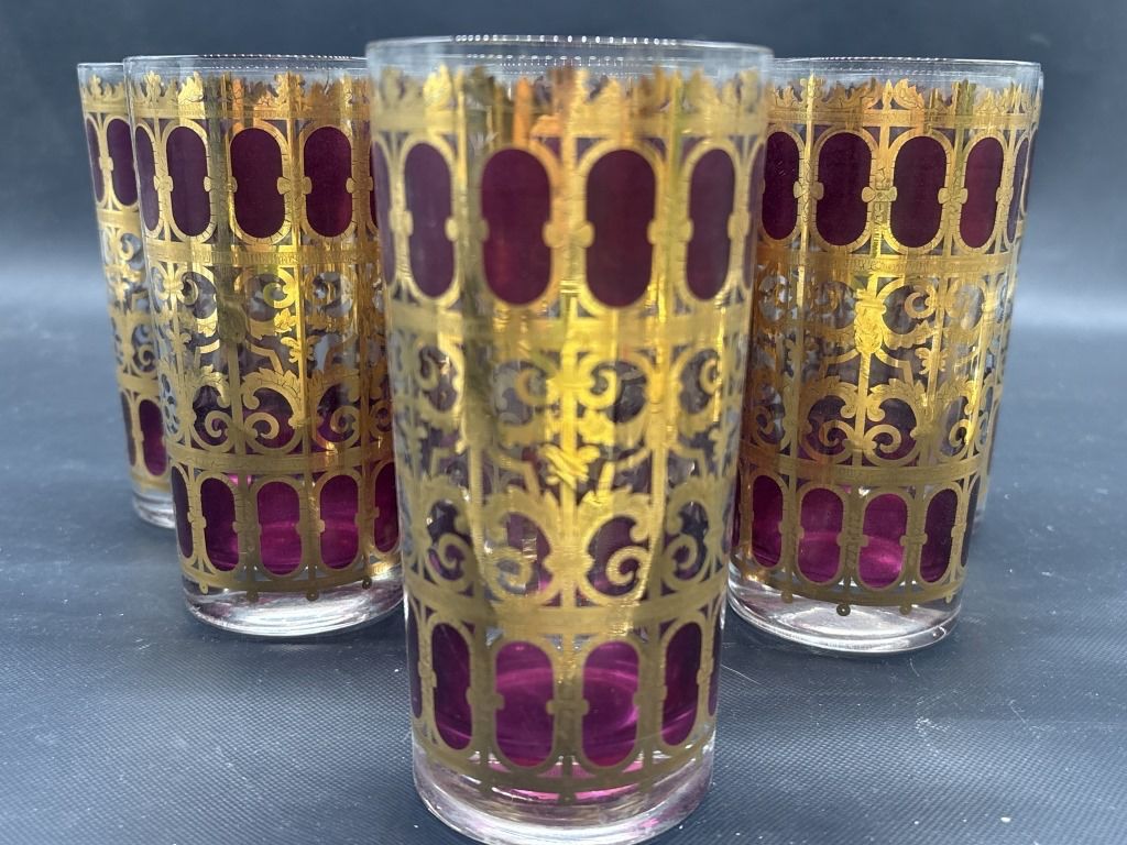 (8) Vtg. Culver Cranberry Scroll w/ 22k Gold Plate