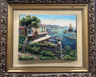 3D Mediterranean Scene Plaque in Gold Color Frame