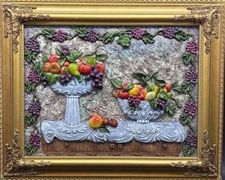 3D Still Life Fruit Plaque Gold Color Frame