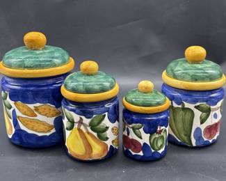(4) Colorful Majolica Lidded Canisters w/ Fruit