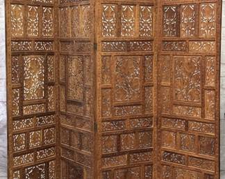 4-Panel Intricately Hand Carved Wood Asian Screen