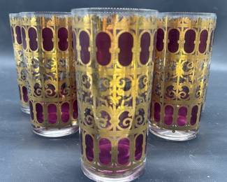 (8) Vtg. Culver Cranberry Scroll w/ 22k Gold Plate