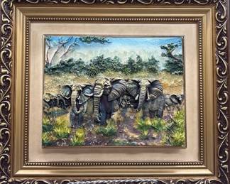 3D Elephants on Sahara Plaque in Gold Color Frame