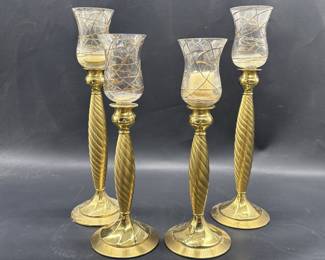 (4) Brass Candleholders w/ Glass Shades