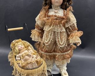 Porcelain Doll w/ Doll in Doll Carriage Set