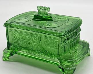 Green Daisy Button EAPG Cast Iron Stove Box & Lid