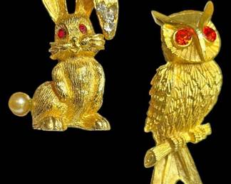 BSK Gold Tone Owl Brooch Bunny Brooch