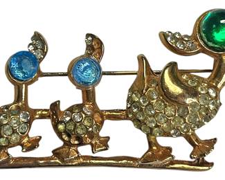 Vintage Duck Family Rhinestone Brooch