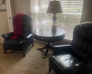 Two blue leather chairs