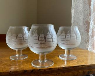 Vintage Toscany Romanian brandy glasses etched with ships