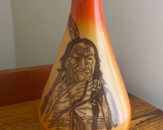 Antique souvenir milk glass vase with Native American transfer