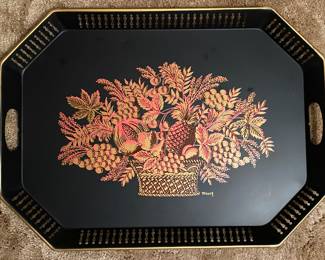 Vintage Maxey toleware metal tray with basket stencil, excellent condition