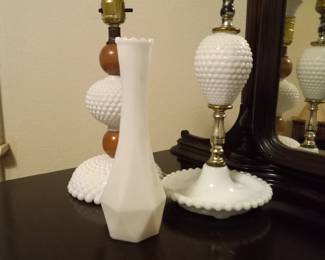Milk glass lamps and vase