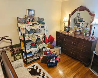 bassett furniture dresser, quilts, rug