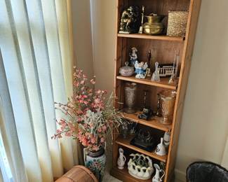 book shelf, decorative items, carnival glass