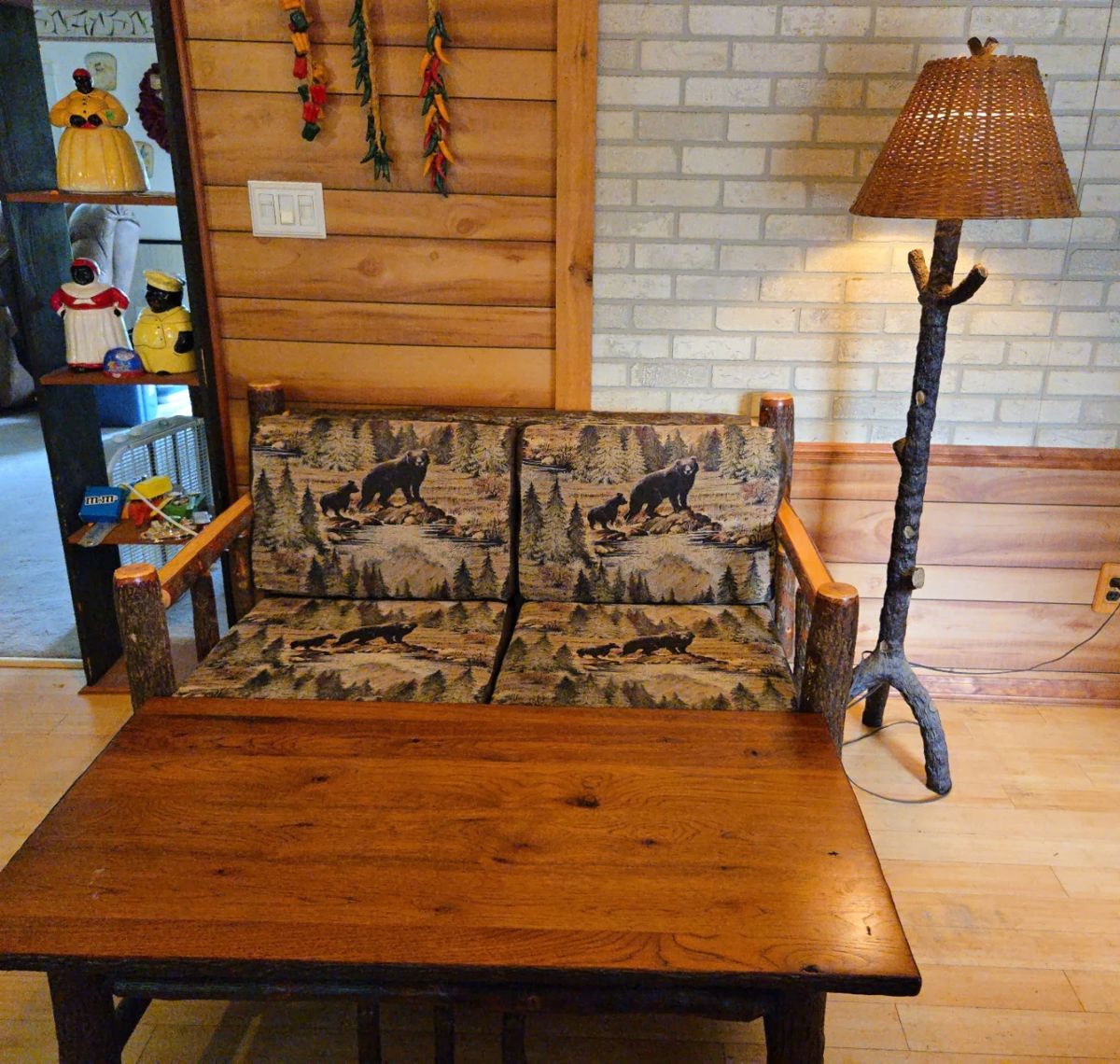 Cool Hickory Log Love Seat Couch with Live Edge and Bears Motif Think Log Cabin-ish!