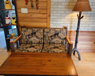 Cool Hickory Log Love Seat Couch with Live Edge and Bears Motif Think Log Cabin-ish!